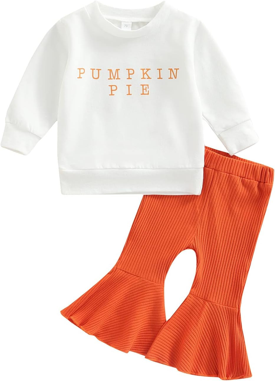 Baby Girl Halloween Outfit Pumpkin Pie Crewneck Sweatshirt Shirt Top Bell-Bottom Pants Sets Cute Toddler Clothes