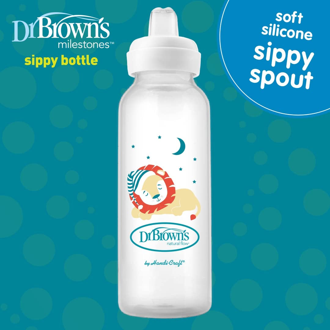 Dr. Brown'S Milestones Narrow Sippy Bottle, 100% Silicone Soft Sippy Spout, 8Oz/250Ml, Fox & Lion, 6M+