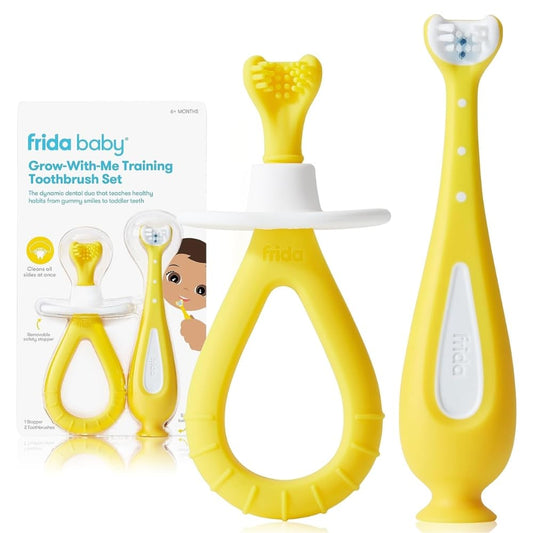 Frida Baby Grow-With-Me Baby Toothbrush Training Set | Infant to Toddler Toothbrush 0-12 Months, Cleans All Sides at Once, Oral Care for Sensitive Gums | Yellow