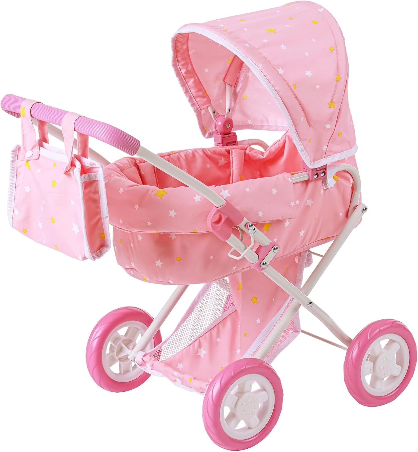 Olivia'S Little World Polka Dot Princess Baby Doll Twin Bassinet Stroller with Retractable Canopy & Storage, Pink/Gray