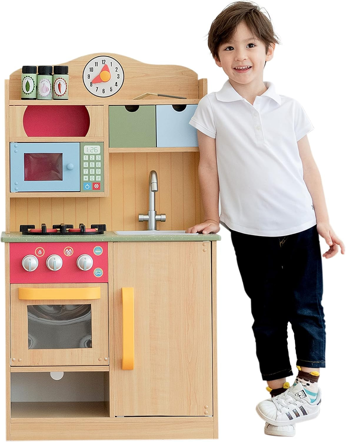 Teamson Kids Little Chef Florence Classic Interactive Wooden Play Kitchen with Accessories and Storage Space for Easy Clean Up, Wood Grain with Red and Yellow Accents