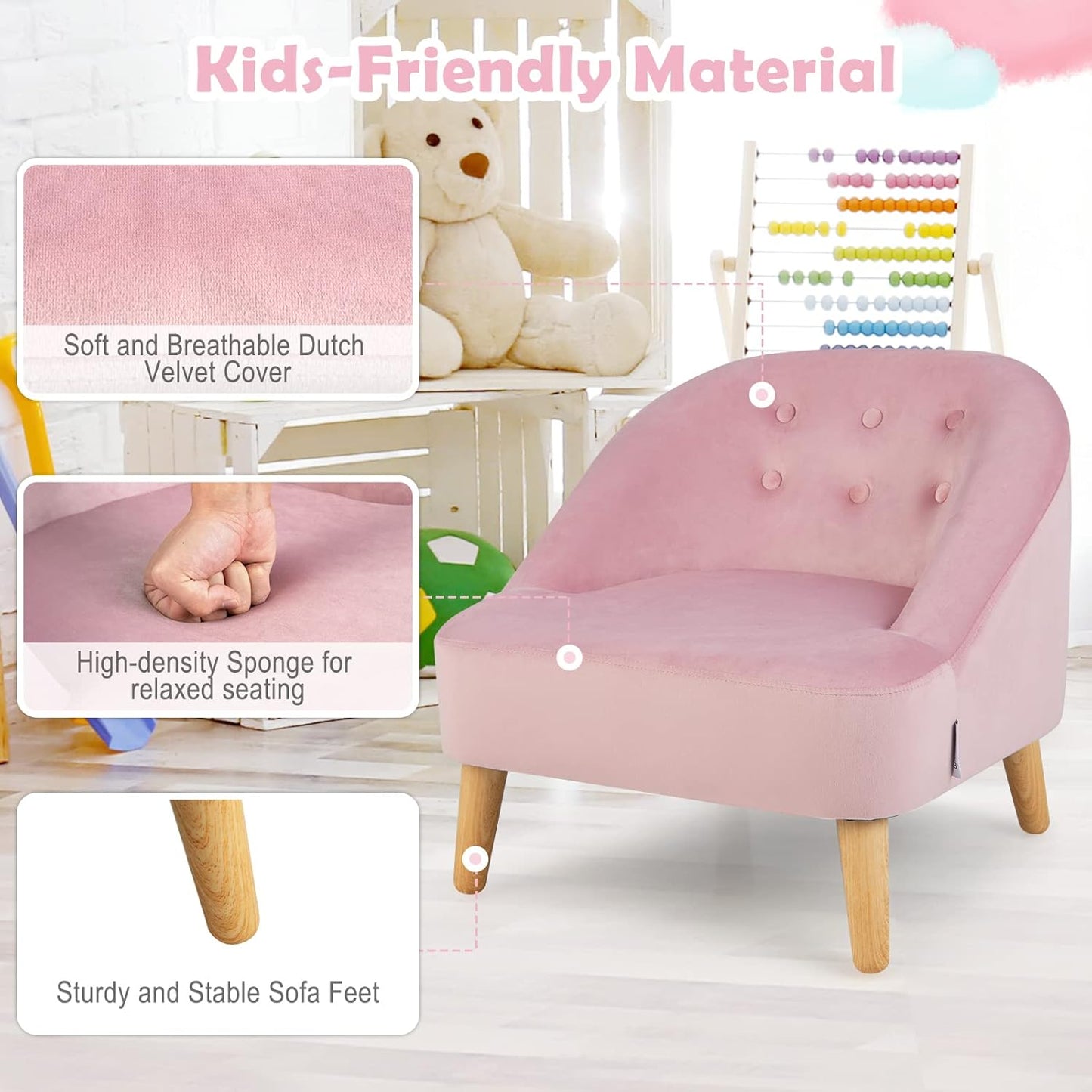 Costzon Kids Couch with Ottoman, Children'S Sofa Toddler Chair W/Baby Velvet Surface, Children Armchair for Play Room, Nursery, Kindergarten, Chlidren'S Sofa Gifts for 3-5 Years Old Boys Girls (Pink)