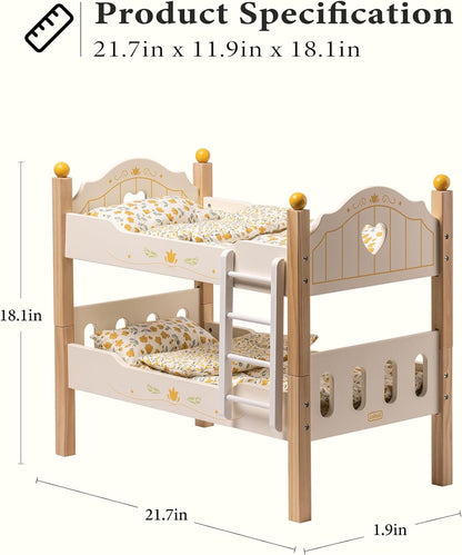 ROBUD Toys Doll Bunk Bed Set - Wooden Play Baby Doll Crib with Ladders and Accessories for 18 Inch Dolls (2 Beds, Fits American Girls)