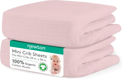 Newton Baby Mini Crib Fitted Sheets (2-Pack) | Organic Muslin Cotton, 100% Breathable & Soft Baby Sheets, Machine Washable Baby Mattress Sheets, Fits Any Mini Sized Crib 24" X 38", Sunrise Pink