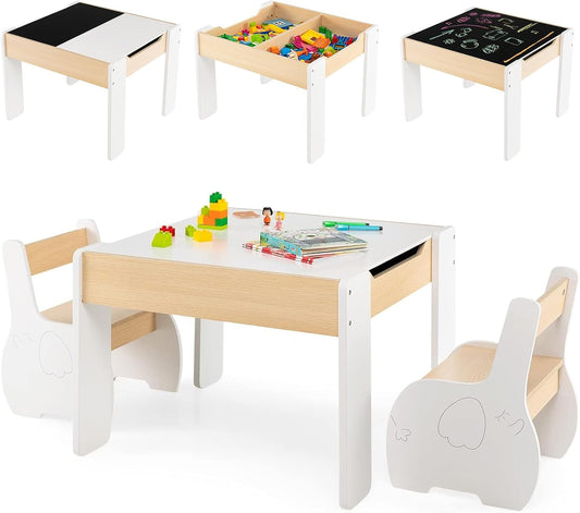 Costzon Kids Table and Chair Set, 4 in 1 Wooden Activity Table & 2 Chairs with Detachable Blackboard for Arts, Crafts, Drawing, Reading, Storage, 3 PCS Toddler Table and Chairs for Boys Girls (White)