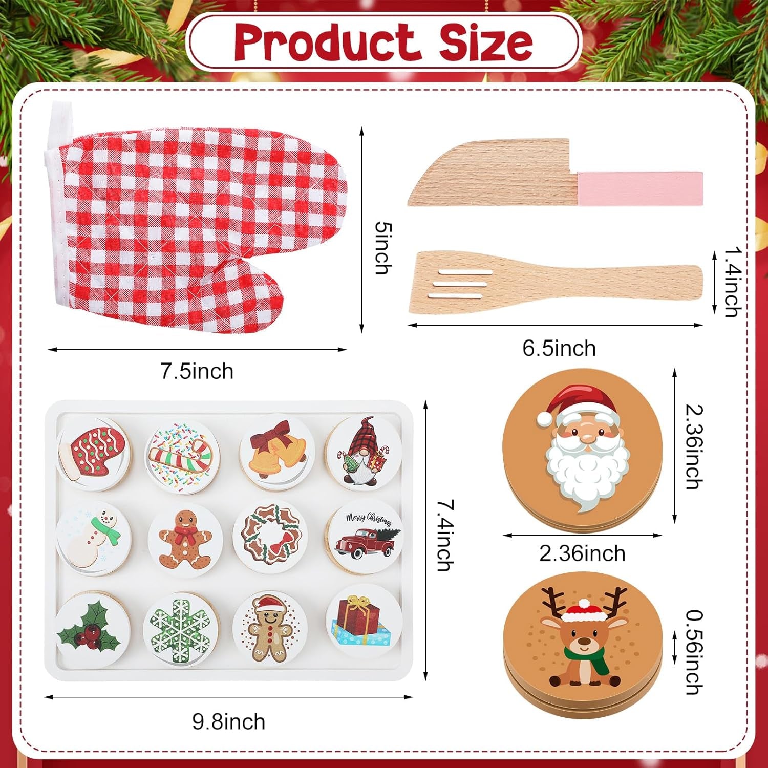 Soaoo 2 Sets Slice and Bake Wooden Christmas Cookie Play Food Set Pretend Cookies and Baking Sheet Wooden Play Food Set Baking Set for Kids(Christmas Style)