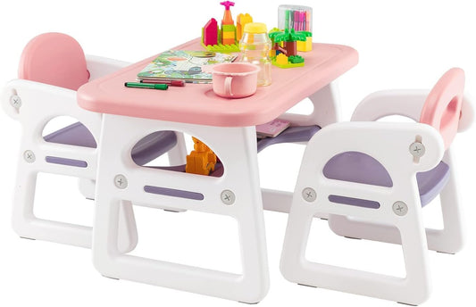 Costzon Kids Table and Chair Set, 3-Piece Plastic Activity Table with Building Blocks, Storage Shelf for Children Reading, Drawing, Writing, Arts & Crafts, Toddler Table and Chair Set (Pink)