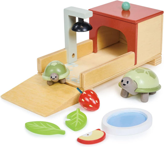 Tender Leaf Toys - Tortoise Pet Set - 10 Piece Wooden Animal Play Set with Mummy and Baby Tortoise, House, and Food - Great Add-On Pet Play Set to Dollhouse Play for Children - Age 3+