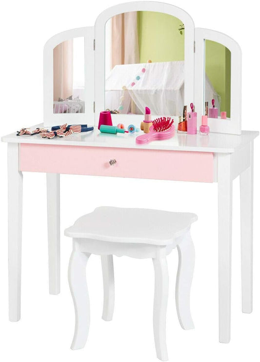 Costzon Kids Vanity Table, Princess Makeup Dressing Table with Drawer & Tri-Folding Mirror, 2-In-1 Vanity Set with Detachable Top, Pretend Beauty Play Vanity Set for Girls (White)