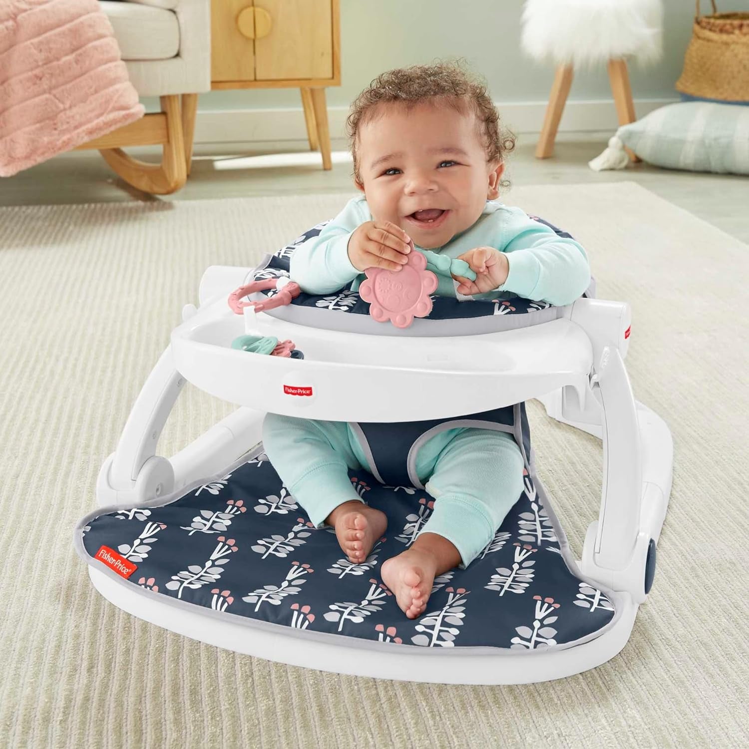 Fisher-Price Portable Baby Chair Sit-Me-Up Floor Seat with Snack Tray and Developmental Toys, Navy Garden