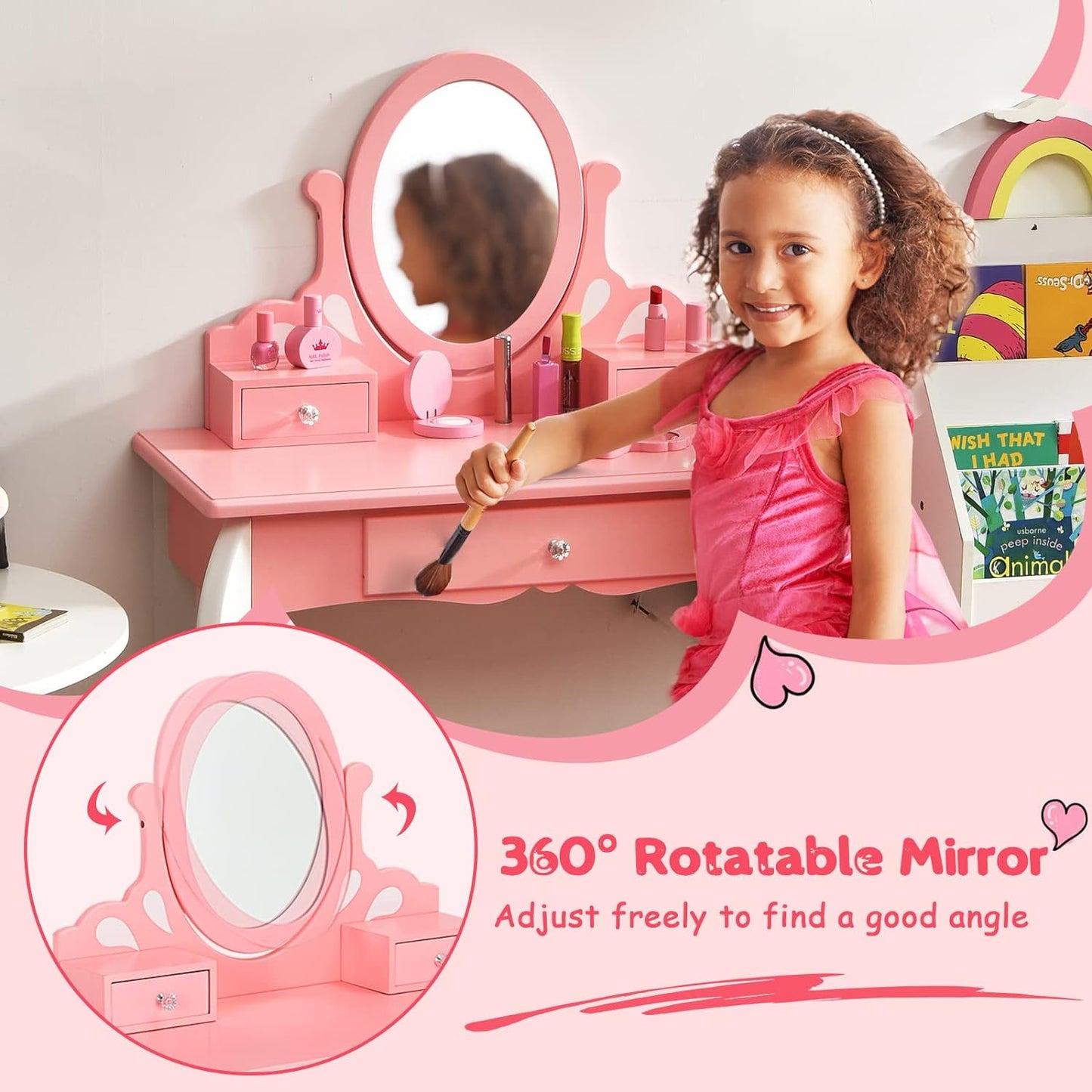 Costzon Kids Vanity Set with Mirror, 2 in 1 Princess Makeup Dressing Table W/Detachable Top, Toddler Vanity with 360° Rotating Mirror, Drawers & Stool, Pretend Play Vanity Set for Little Girls, Pink