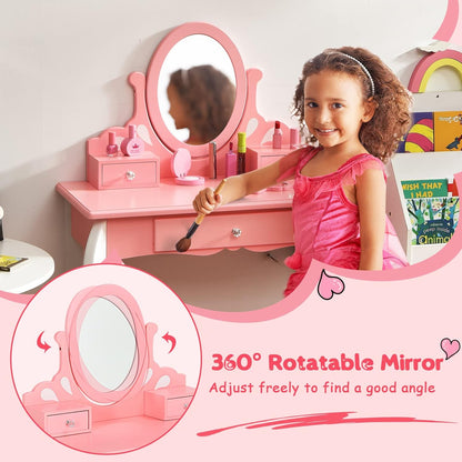 Costzon Kids Vanity Set with Mirror, 2 in 1 Princess Makeup Dressing Table W/Detachable Top, Toddler Vanity with 360° Rotating Mirror, Drawers & Stool, Pretend Play Vanity Set for Little Girls, Pink