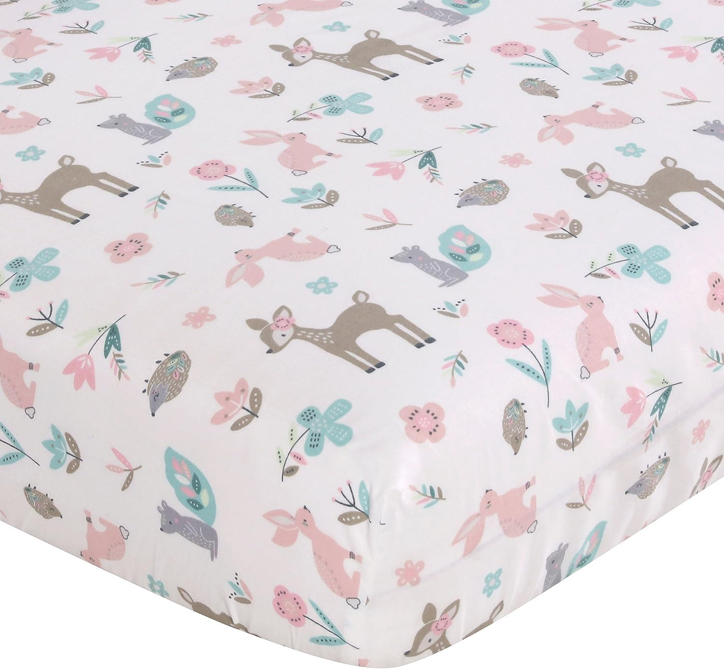 Levtex Baby - Crib Fitted Sheet - Fits Standard Crib and Toddler Mattress - Tossed Deer, Squirrel, Owl and Hedgehog - Aqua Blush Grey Teal - Nursery Accessories - 100% Cotton