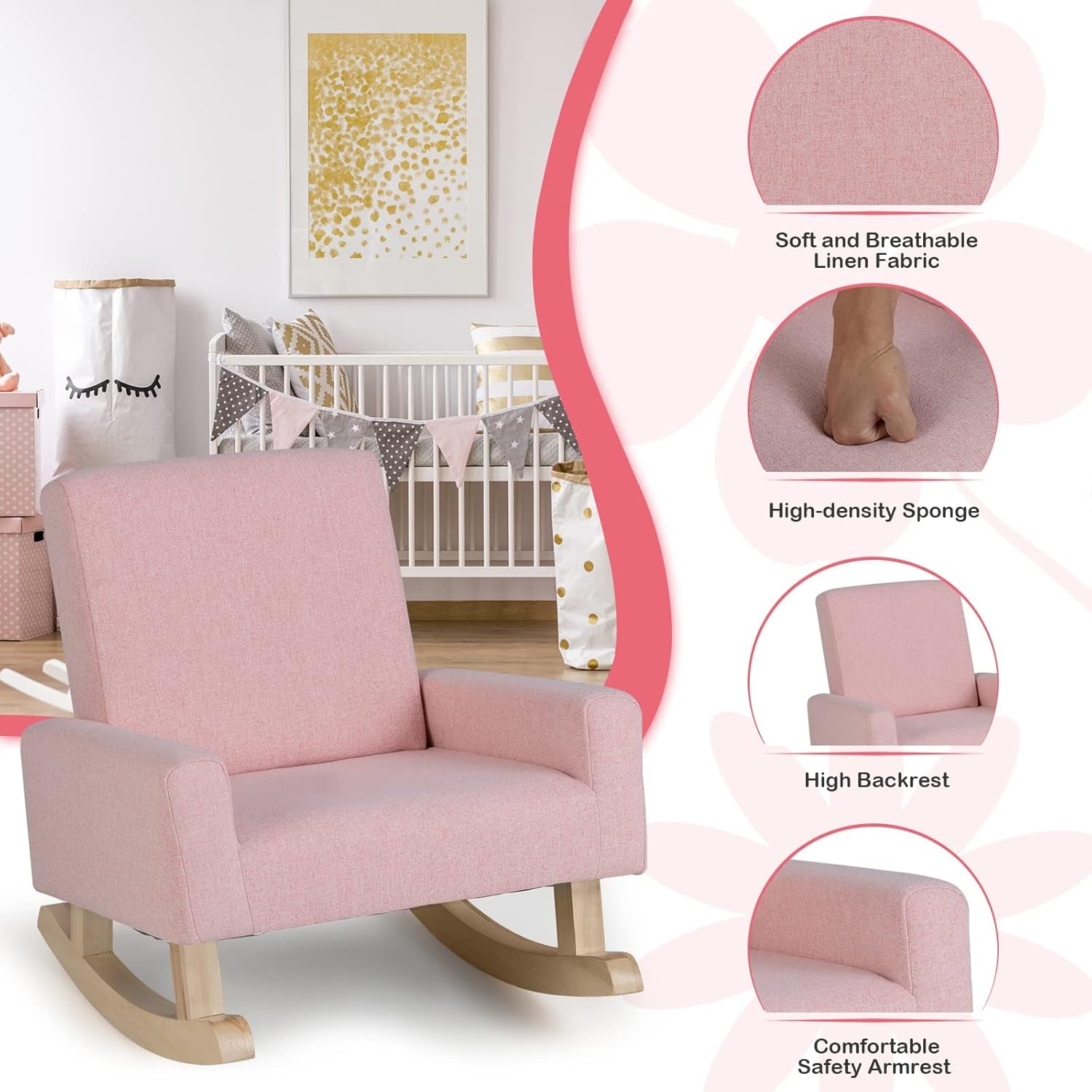 Costzon Kids Sofa, Rocking Chair with Solid Wood Frame, Linen Fabric, Anti-Tipping Design for Kids Room, Nursery, Playroom, Preschool, Birthday Gift for Boys Girls, Toddler Furniture Armchair (Pink)