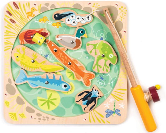 Tender Leaf Toys - Pond Dipping - Wooden Magnetic Fishing Toy for Kids - Length Adjustable Fishing Rod and 8 Pond Animals with Numbers at the Back - Develops Fine Motor Skills, Early Learning - Age 3+