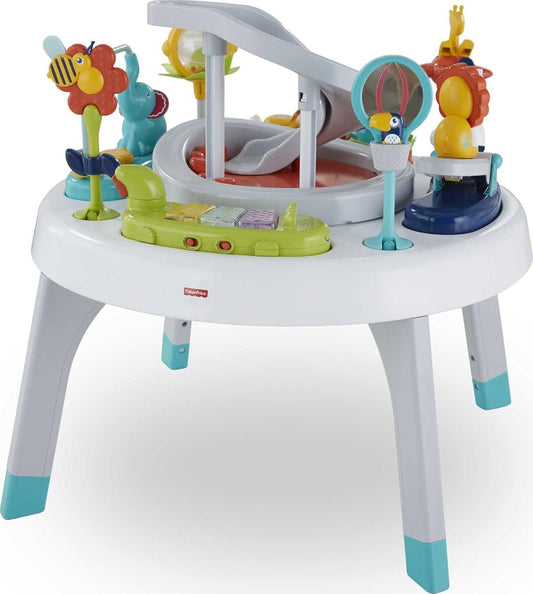 Fisher-Price Baby to Toddler Toy 2-In-1 Sit-To-Stand Activity Center with Music Lights and Spiral Ramp, Spin ‘N Play Safari