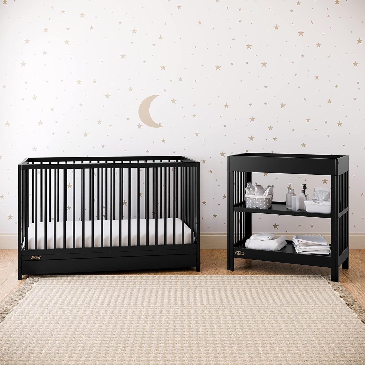 Graco Teddi 5-In-1 Convertible Crib with Drawer (Black) – GREENGUARD Gold Certified, Crib with Drawer Combo, Full-Size Nursery Storage Drawer, Converts to Toddler Bed, Daybed and Full-Size Bed