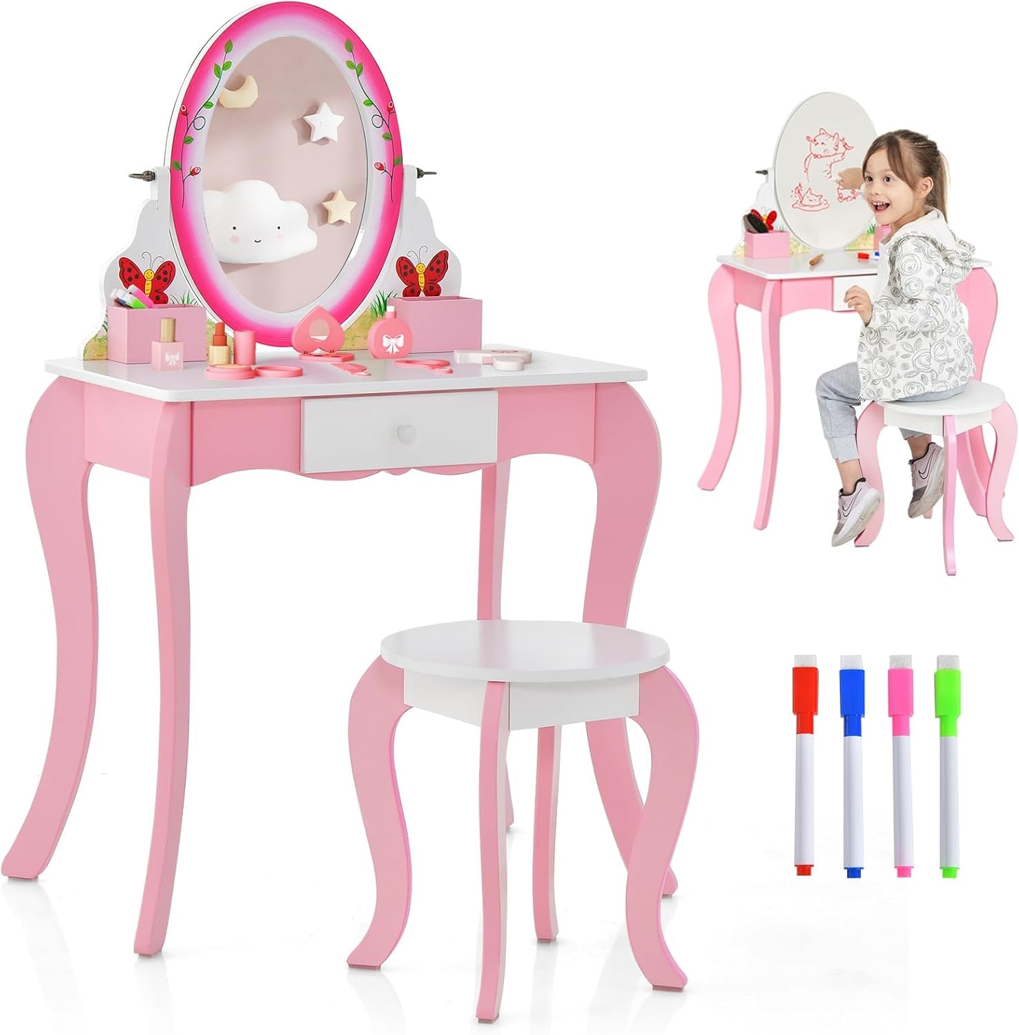 Costzon Kids Vanity, Girls Vanity Set with Mirror and Stool, Drawer, Storage Grids, 2 in 1 Toddler Makeup Dressing Table Vanity Desk, Pretend Play Vanity Table and Chair Set for Little Girls