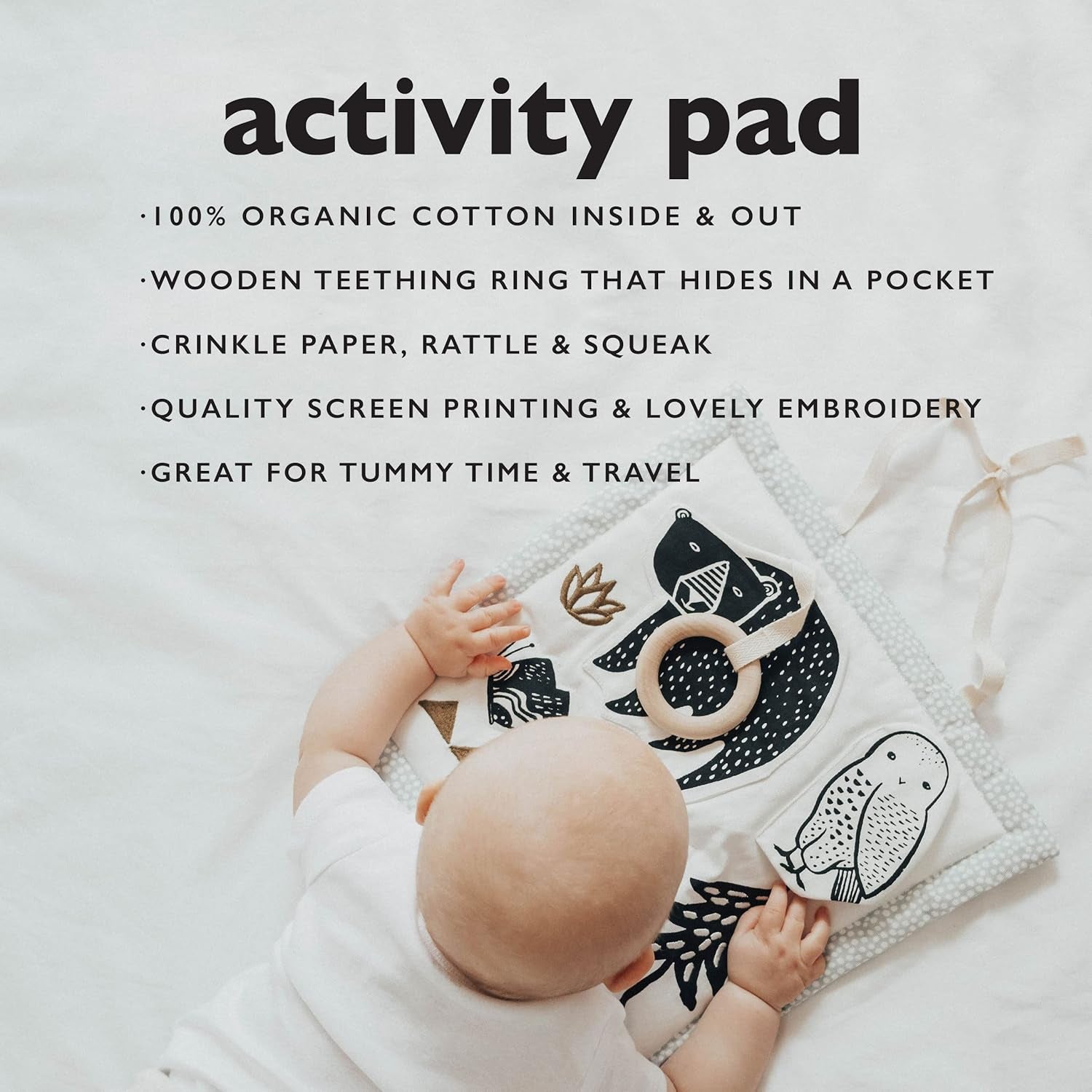 Wee Gallery Organic Meadow Activity Pad - High Contrast Tummy Time Play Mat with 6 Interactive Activities - Soft Sensory Toys for Babies - Visual & Motor Skill Development Toy