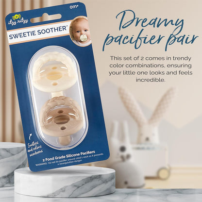 Itzy Ritzy Silicone Pacifiers for Newborn - Sweetie Soother Pacifiers Feature Collapsible Handle & Two Air Holes for Added Safety for Ages Newborn and Up, Coffee & Cream Set of 3 in White, Tan & Brown