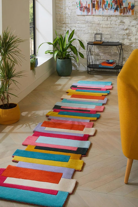 Non Slip Modern Colorful Palette Irregular Shape Runner - Unique Design, Handmade with 100% Wool Area Rug for Living Room, Bedroom, Kitchen & Home Decor (Multi Colour C, 2.6 X 12)