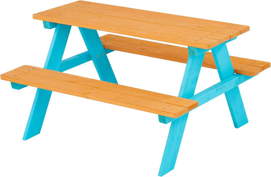 Teamson Kids - Wooden Outdoor Child Children Kids Picnic Table & Chair Bench Set - Brown/Aqua