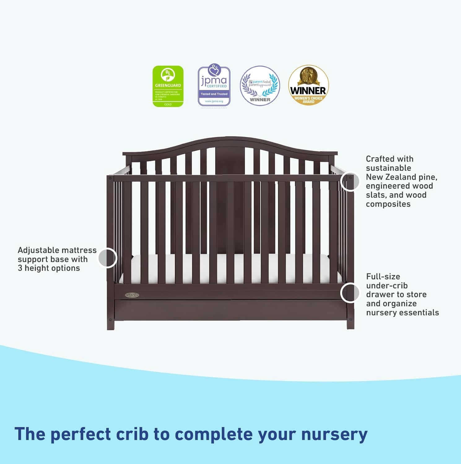 Graco Solano 4-In-1 Convertible Crib with Drawer (Espresso) – GREENGUARD Gold Certified, Crib with Drawer Combo, Includes Full-Size Nursery Storage Drawer, Converts to Toddler Bed and Full-Size Bed