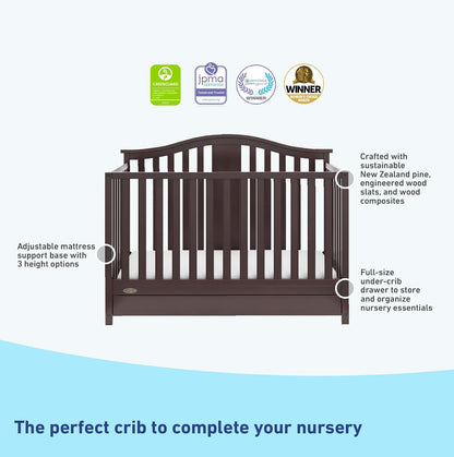 Graco Solano 4-In-1 Convertible Crib with Drawer (Espresso) – GREENGUARD Gold Certified, Crib with Drawer Combo, Includes Full-Size Nursery Storage Drawer, Converts to Toddler Bed and Full-Size Bed