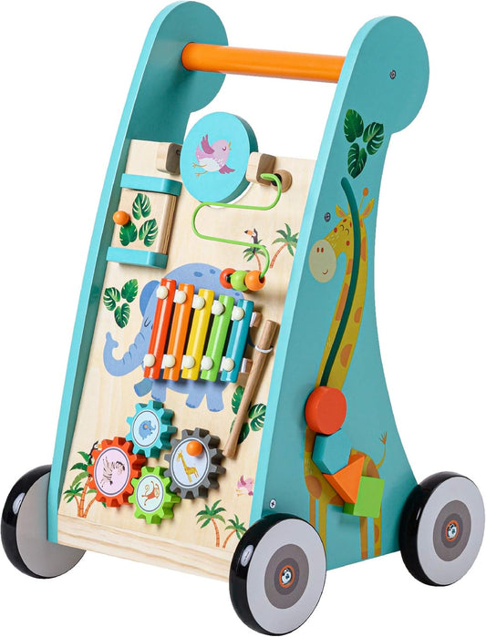 Teamson Kids Preschool Play Lab Wooden Baby Walker and Activity Station, Natural/Blue