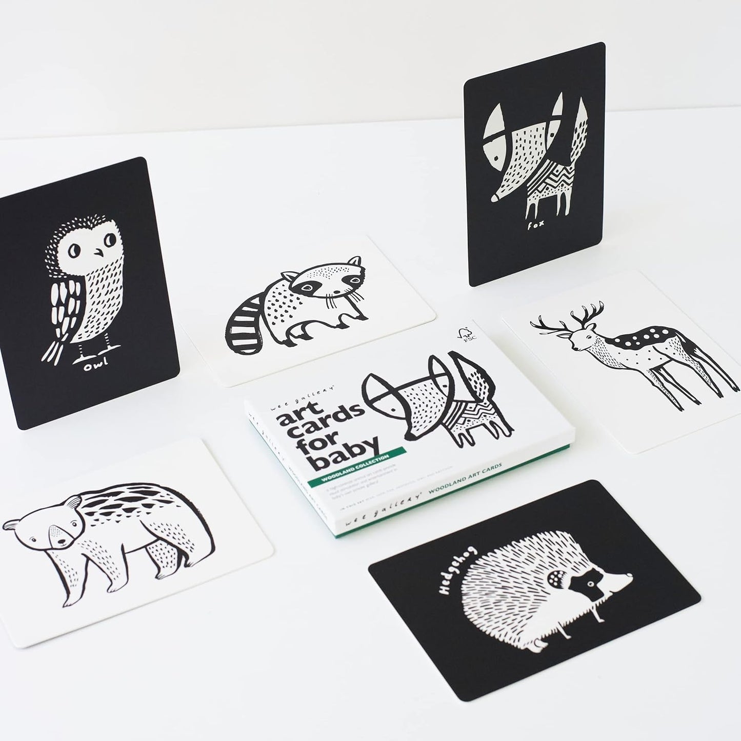 Wee Gallery Black and White Animal Art Cards for Babies, Durable High Contrast Vision Cards, Brain Development Educational Learning Tool for Newborn, Infant, Baby, Toddler - Woodland Animals