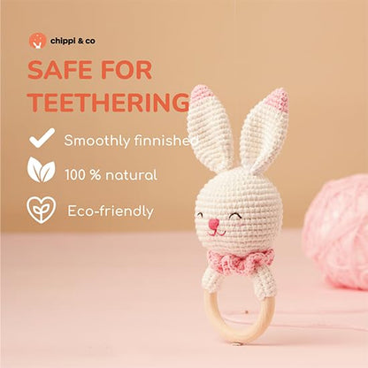 Chippi & Co Crochet Baby Rattle, Crochet Baby Toys, Stuffed Baby Doll, Organic Wooden Newborn Toys, Knitted Stuffed Animals for Babies, Christmas Gifts for Expecting Mom (Olive the Cheerful Bunny)