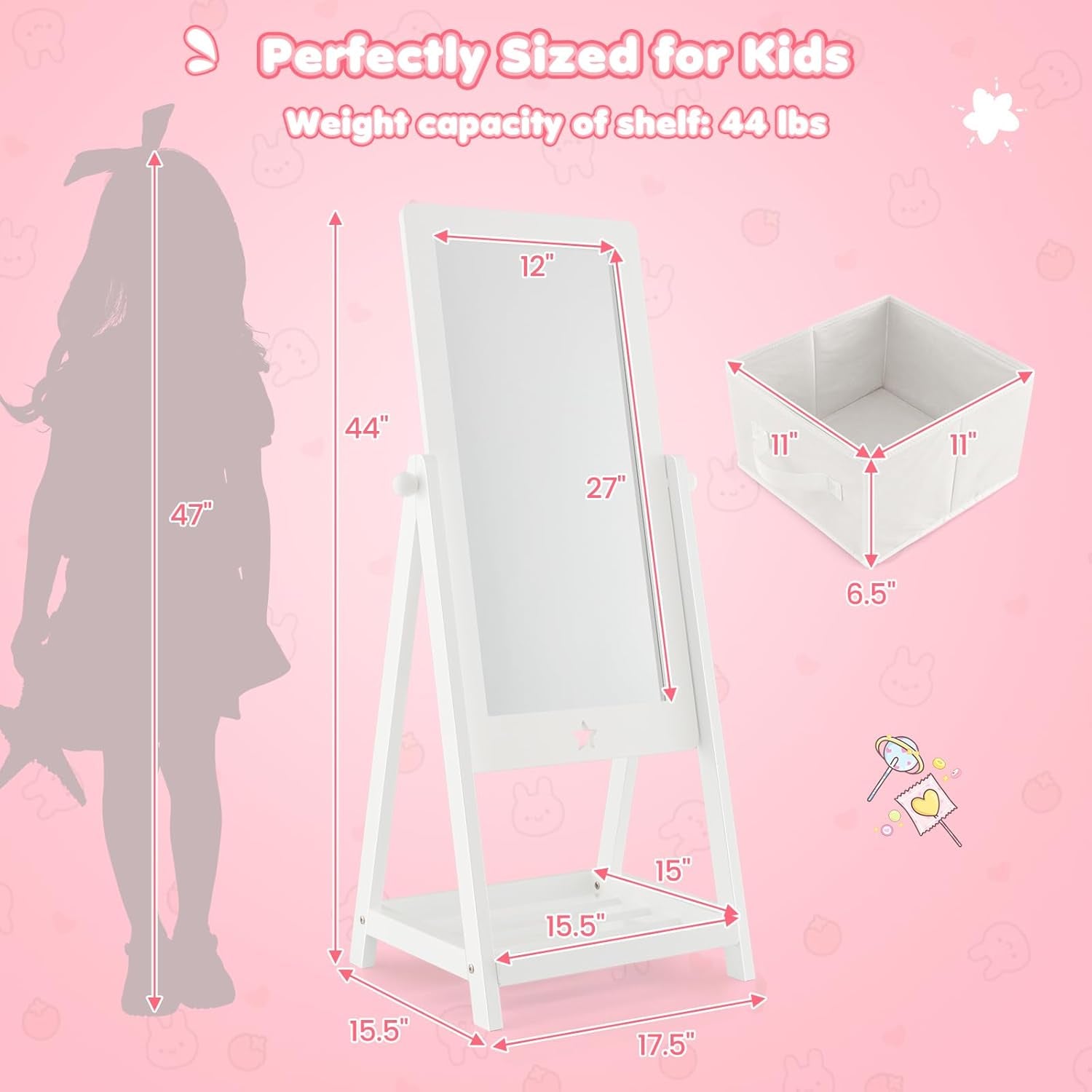 Costzon Kids Full Length Mirror, Princess Floor Free Standing Mirror W/Storage Shelf & Basket, 360 Degree Rotatable Rectangle Dressing Mirror for Little Girls Bedroom, Playroom, 3+ Years Old (White)