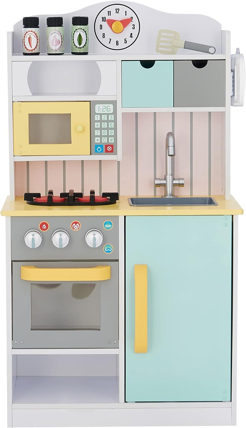 Teamson Kids Little Chef Florence Classic Interactive Wooden Play Kitchen with Accessories and Storage Space for Easy Clean Up, Pink with Gray Accents