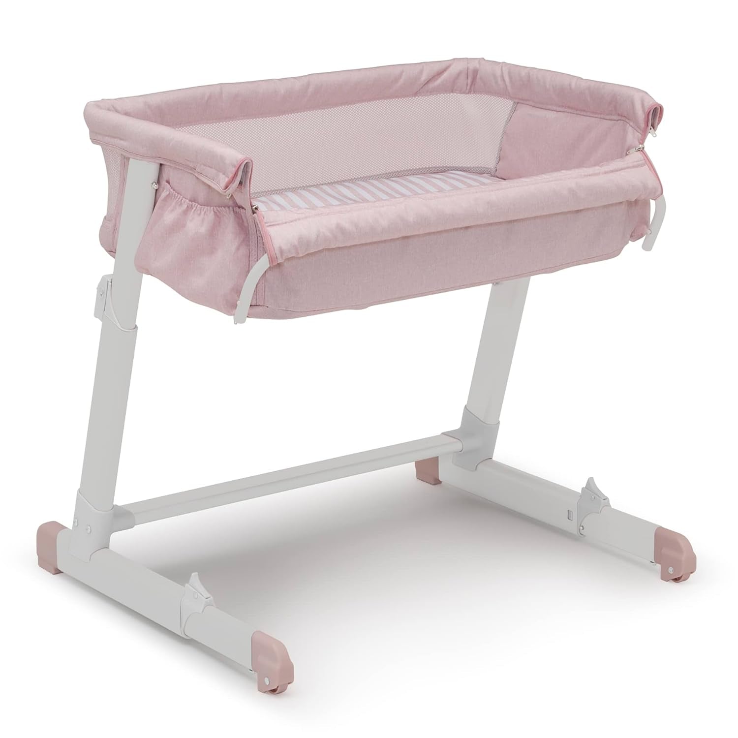 GAP Babygap Whisper Bedside Bassinet Sleeper with Breathable Mesh and Adjustable Heights - Lightweight Portable Crib - Made with Sustainable Materials, Pink Stripes