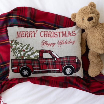 MON AMI Plaid Truck with Christmas Tree Pillow – 20X14”, Christmas Decorations, Farmhouse Winter Holiday Home Décor, Christmas Pillow for Couch/Sofa