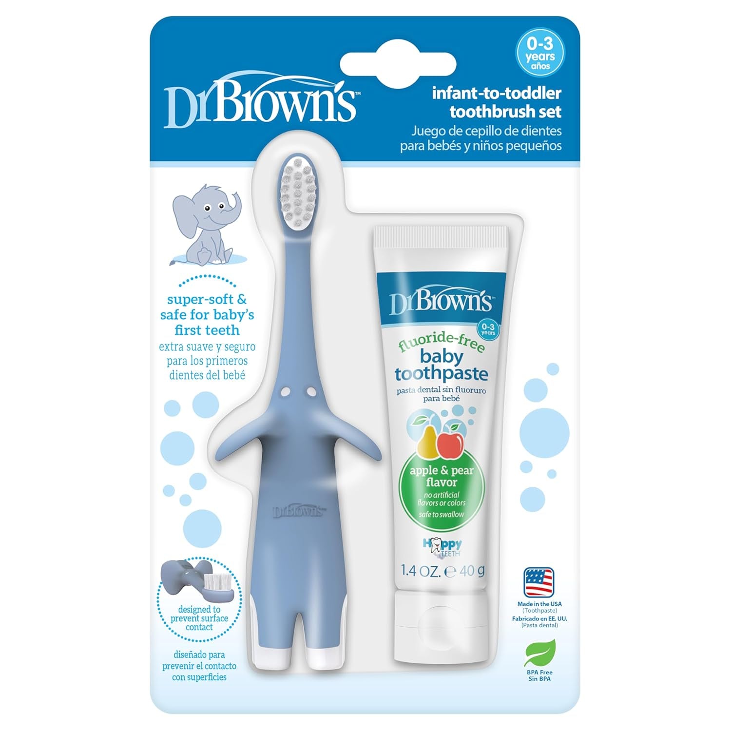 Dr. Brown'S Infant-To-Toddler Toothbrush, Soft and Safe Baby Training Brush, Elephant, Mint, 0-3 Years (Styles May Vary)