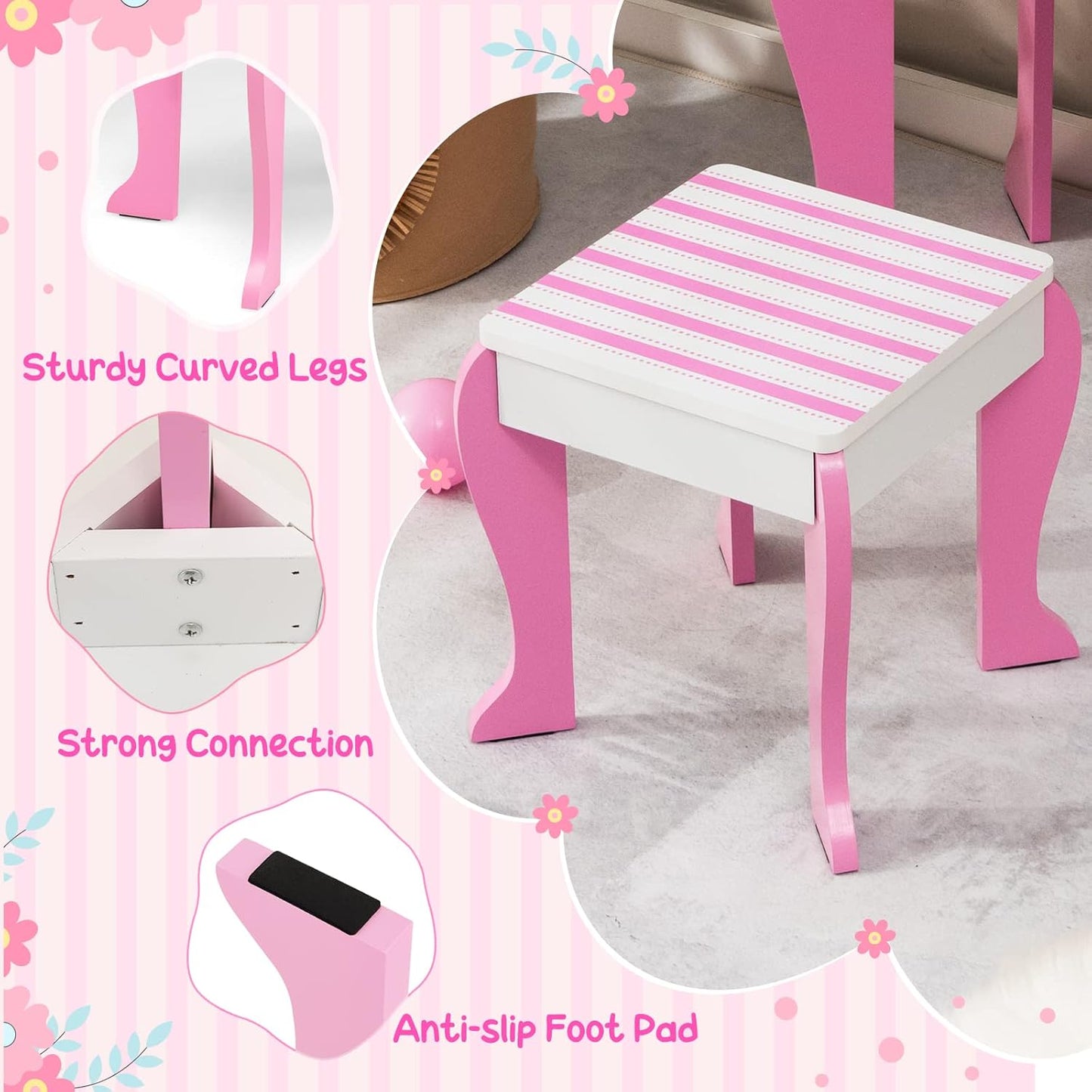 Costzon Kids Vanity, Girls Vanity Set with Mirror and Stool, Storage Drawer, Wooden Princess Makeup Dressing Table, Pretend Play Vanity Table and Chair Set for Toddlers