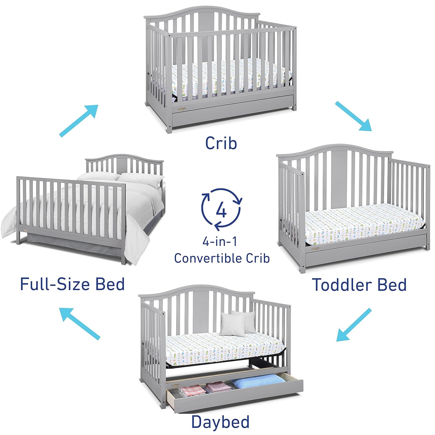 Graco Solano 4-In-1 Convertible Crib with Drawer (Pebble Gray) – GREENGUARD Gold Certified, Crib with Drawer Combo, Includes Full-Size Nursery Storage Drawer, Converts to Toddler Bed and Full-Size Bed