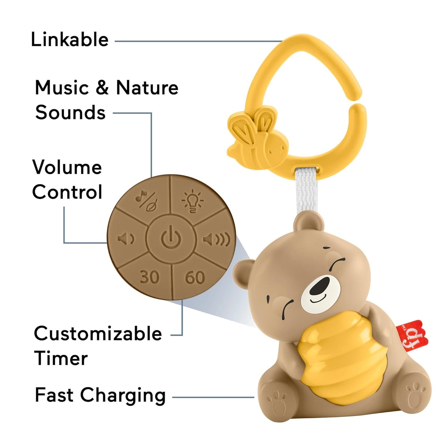 Fisher Price Baby Toy Beary Soothing Portable Sound Machine with Music, Night Light & Customizable Timer for Newborns 0+ Months