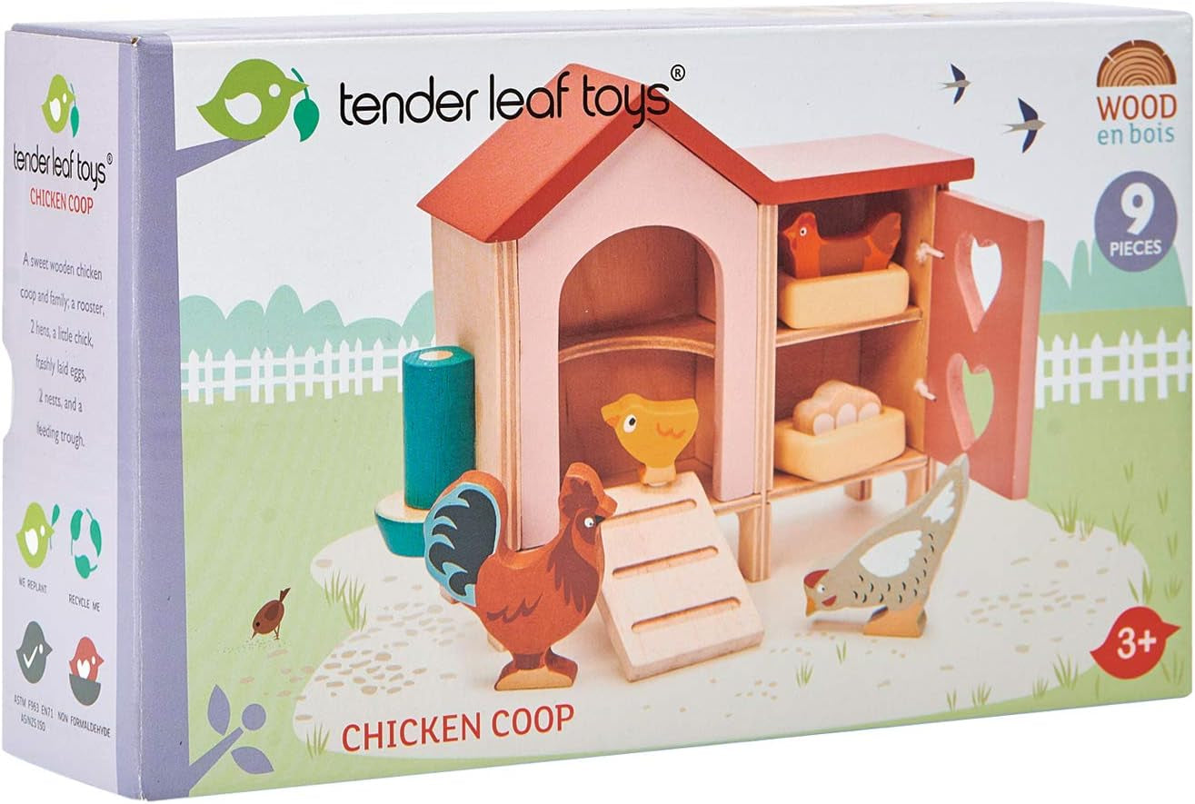 Tender Leaf Toys - Chicken Coop - 9 Pcs Miniature Henhouse Farm Animal Toys, Dollhouse Accessories Pretend Play Set for Kids Imaginative Play - Age 3+