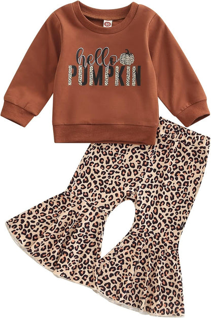 Baby Girl Halloween Outfit Pumpkin Pie Crewneck Sweatshirt Shirt Top Bell-Bottom Pants Sets Cute Toddler Clothes