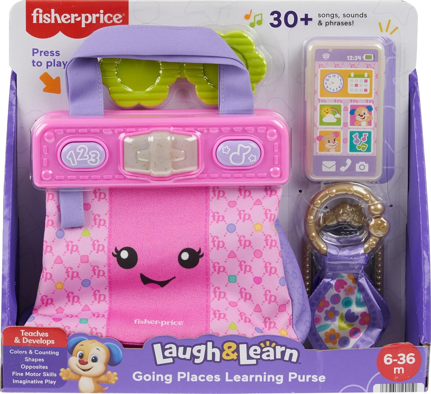 Fisher-Price Baby Learning Toy Laugh & Learn Purse, Going Places Bag with 4 Pretend Play Accessories for Infants & Toddlers Ages 6+ Months