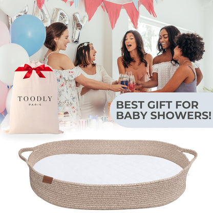 Baby Changing Basket with anti Slip Bottom, Brown Moses Basket for Babies - Cotton Rope Diaper Changing Basket - Baby Diaper Changing Pad for Dresser - Changing Table Topper for Dresser - Toodly