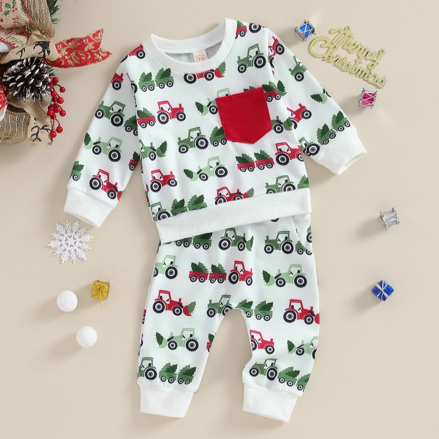 Toddler Baby Boy Girl Christmas Outfits Truck Tree Print Long Sleeve Sweatshirts Pants Fall Infant 2Pcs Clothes