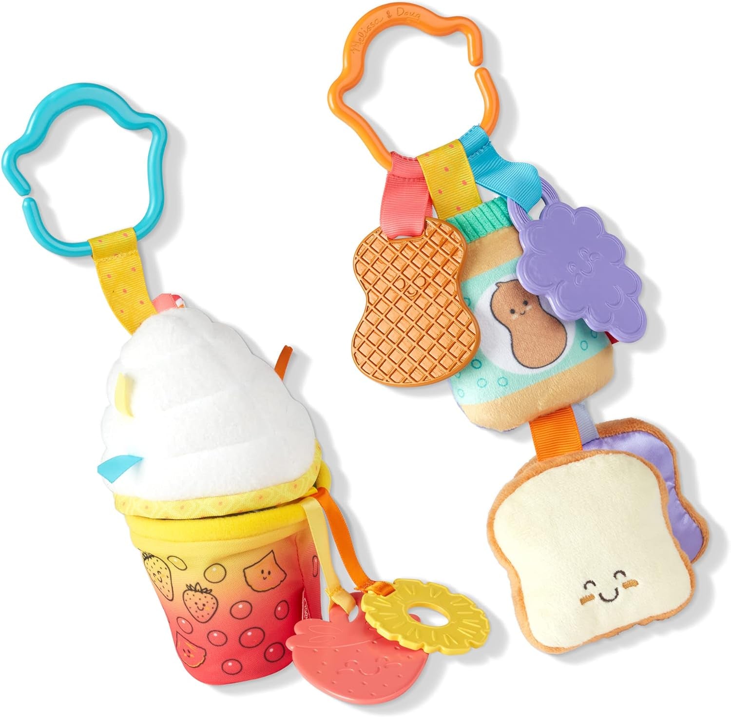 Melissa & Doug Multi-Sensory Take-Along Clip-On Infant Toy 2-Pack (PB&J and Bubble Tea)