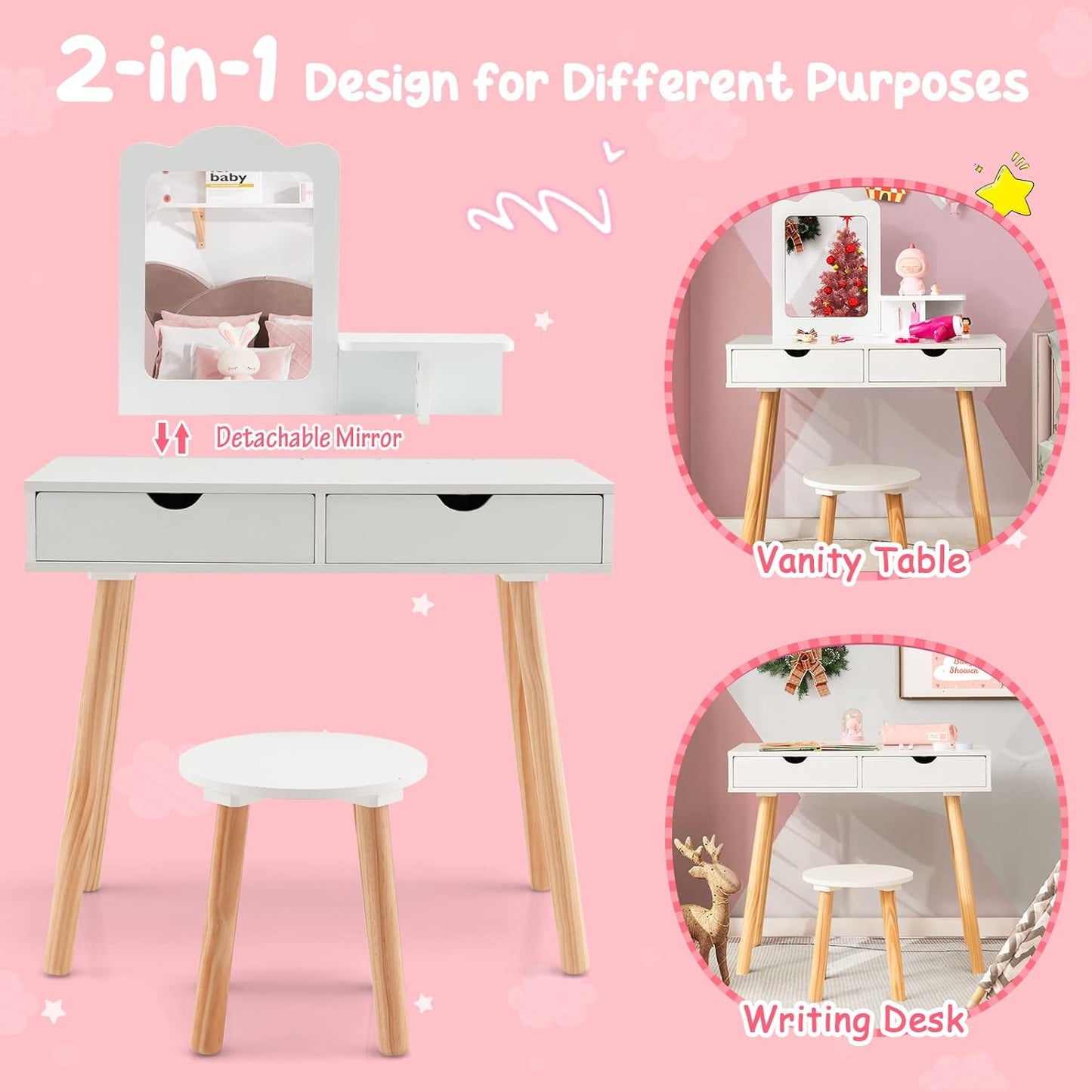 Costzon Kids Vanity Set, Girls Vanity Set with Mirror and Stool, 2 Large Drawers, Storage Shelf, Wooden Princess Makeup Dressing Table, Pretend Play Vanity Table and Chair Set for Toddlers, White