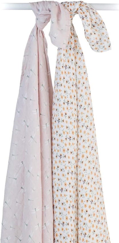 Lulujo Boho Swaddle Set, Cotton Muslin Blankets, 2 Pack (Vintage Floral & Dragonfly)