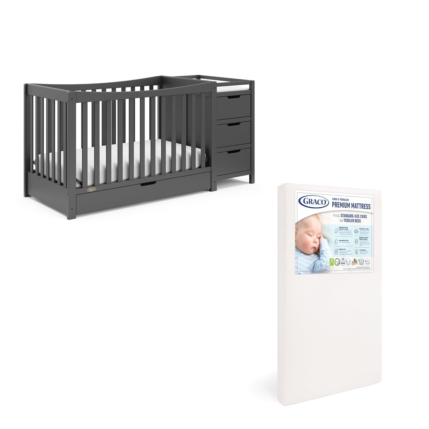 Graco Remi 4-In-1 Convertible Crib & Changer with Drawer (Pebble Gray & White) – GREENGUARD Gold Certified, Crib and Changing-Table Combo, Includes Changing Pad, Converts to Toddler Bed, Full-Size Bed