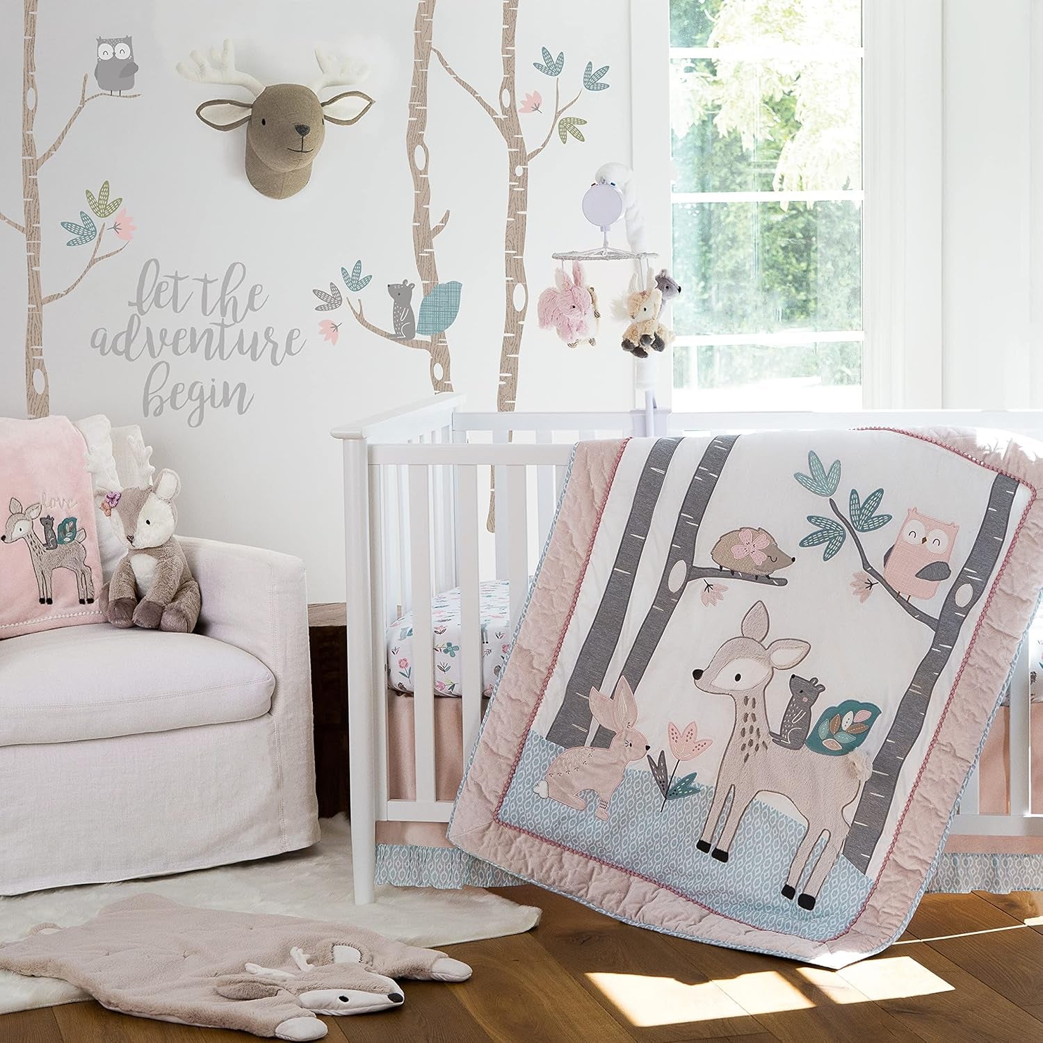 Levtex Baby - Everly Plush Blanket - Appliqued and Embroidered Deer and Squirrel on Pink Plush - Love - Nursery Accessories - Blanket Size: 30 X 40 In.