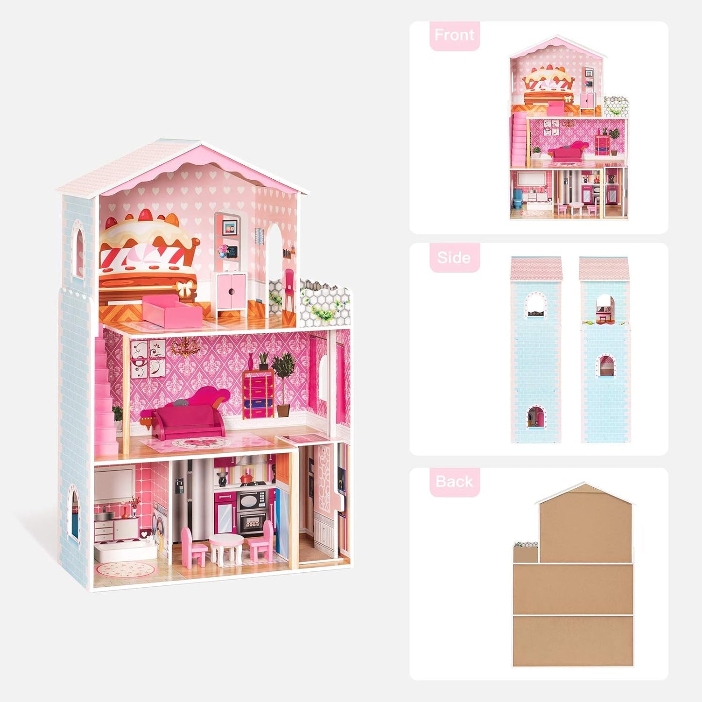 ROBUD Wooden Dollhouse for Kids, Pretend Play Dream House Toy for Little Girls 3+ Years Old